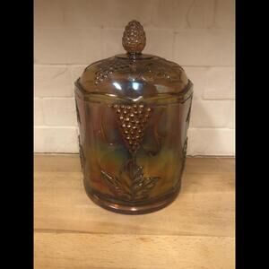 VINTAGE Indiana Glass Harvest Grape Iridescent Carnival Amber Canister W/Lid